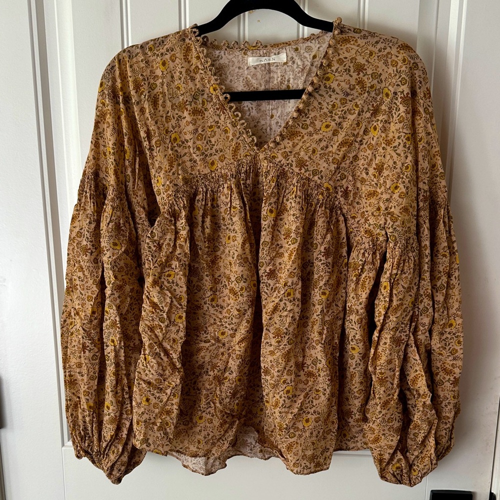 Doen Mustard Floral Peasant Blouse
